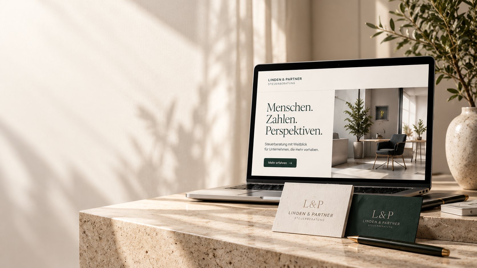 Fiktiver Kanzleiauftritt von Linden & Partner auf einem Laptop mit cremefarbenen und dunkelgrünen Visitenkarten
